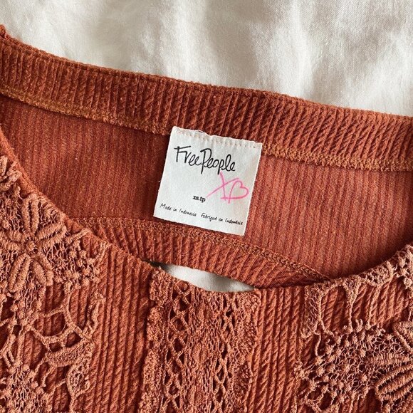 Free People Burnt Orange Open Back Lace Long Sleeve Boho Mini Dress - Picture 4 of 4